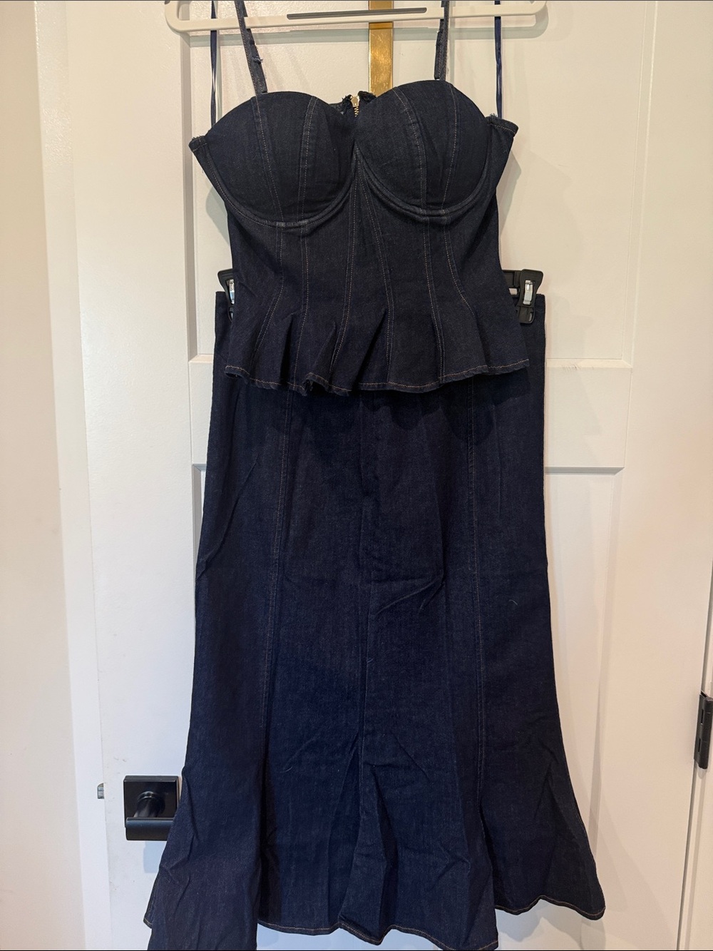 Structured Dark Blue Denim Midi Skirt andwith Bustier Top